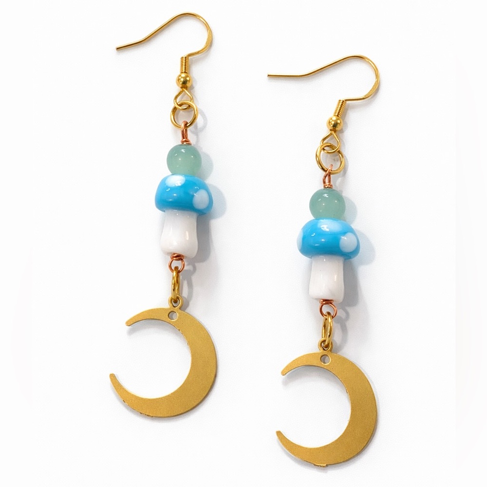 Gold and Blue Mushroom Crescent Earrings